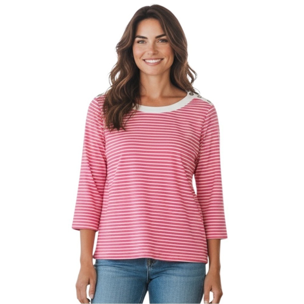 Jones New York Top, 3/4 Sleeve, Pink & White Striped, Size Large